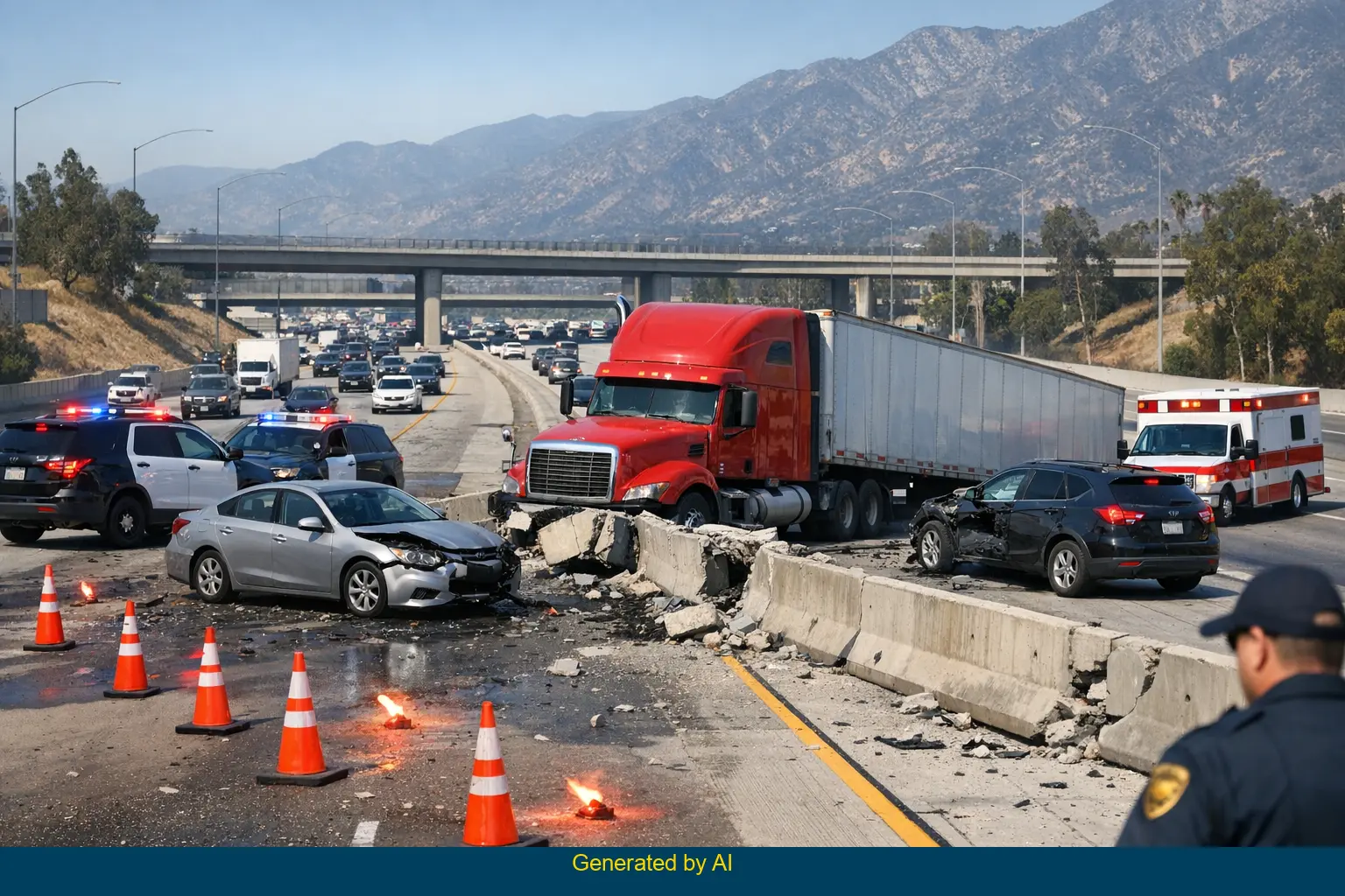Aftermath of a major semi-truck accident blocking both directions of I-210 in Irwindale, with damaged vehicles and emergency responders present.