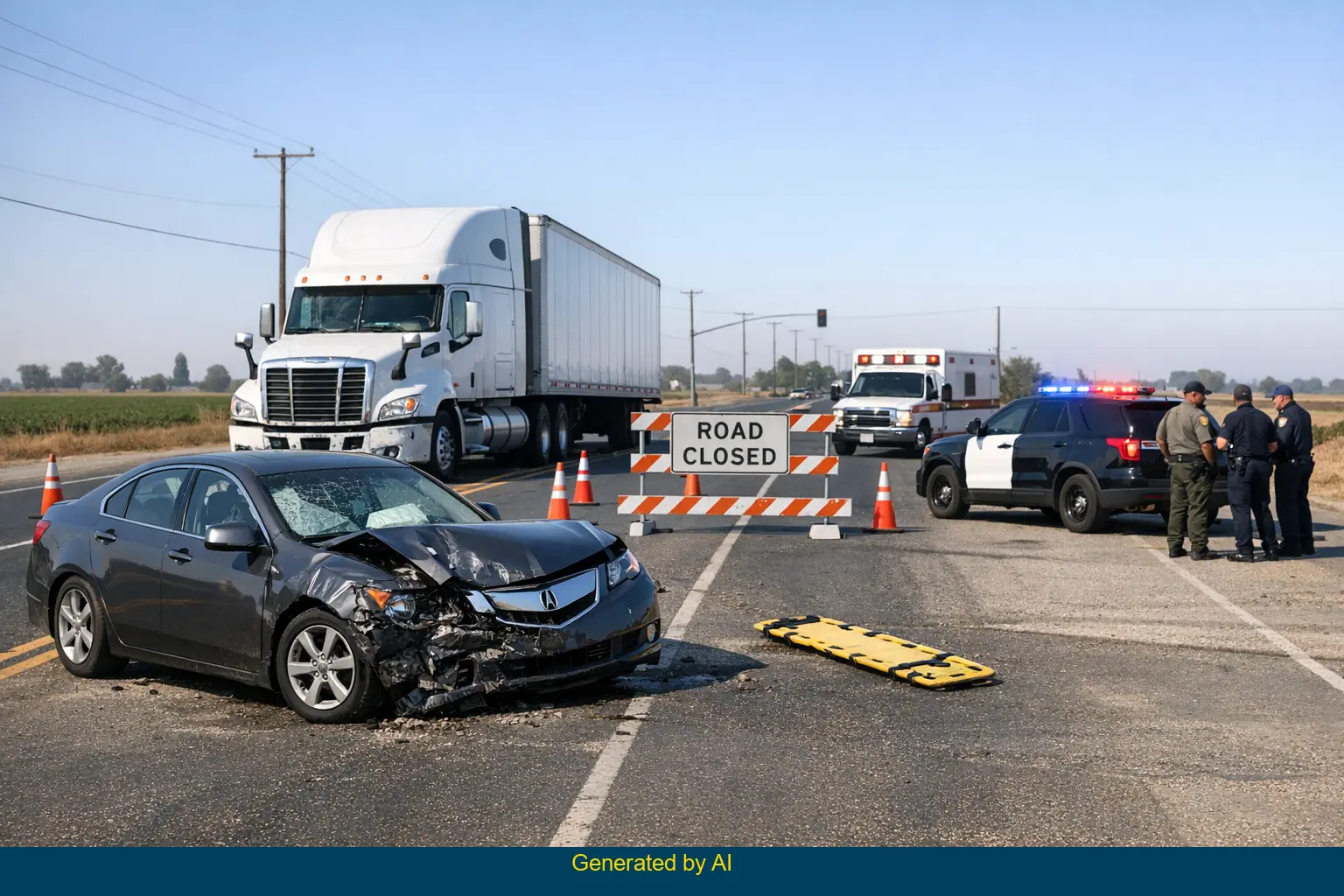 Aftermath of a semi-truck and sedan collision blocking northbound Chestnut Avenue near Annadale in Fresno County, emergency vehicles present