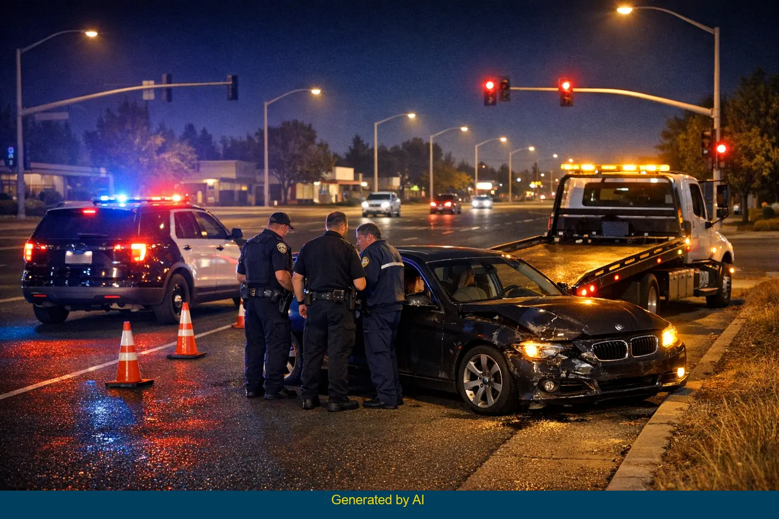 Late-night emergency response at suburban Sacramento intersection after BMW vehicle incident, showing damaged sedan, police SUV, tow truck, and calm responders.