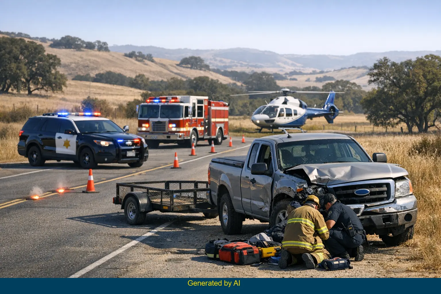 Aftermath of car crash on Jolon Road in Monterey County with emergency responders, damaged truck, and air ambulance landing