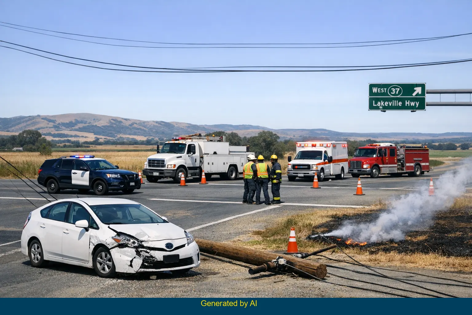 Aftermath of car accident at Lakeville Highway and State Route 37 intersection in Sonoma County with emergency crews responding
