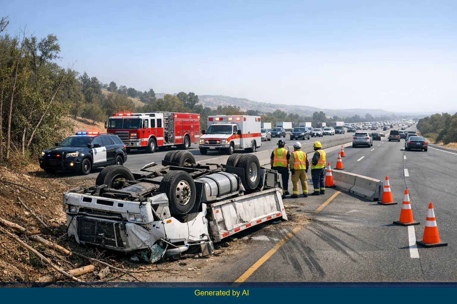Aftermath of fatal big rig rollover accident on I-5 with overturned semi-truck, emergency vehicles, and first responders in daylight