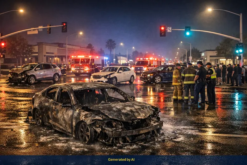 Aftermath of nighttime four-car crash at Demaree Street and Houston Avenue intersection in Visalia with emergency teams present