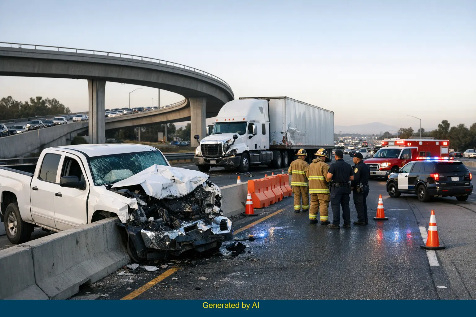 Aftermath of a fatal pickup and big rig collision on the I-210 freeway near Upland, California under clear daylight conditions.