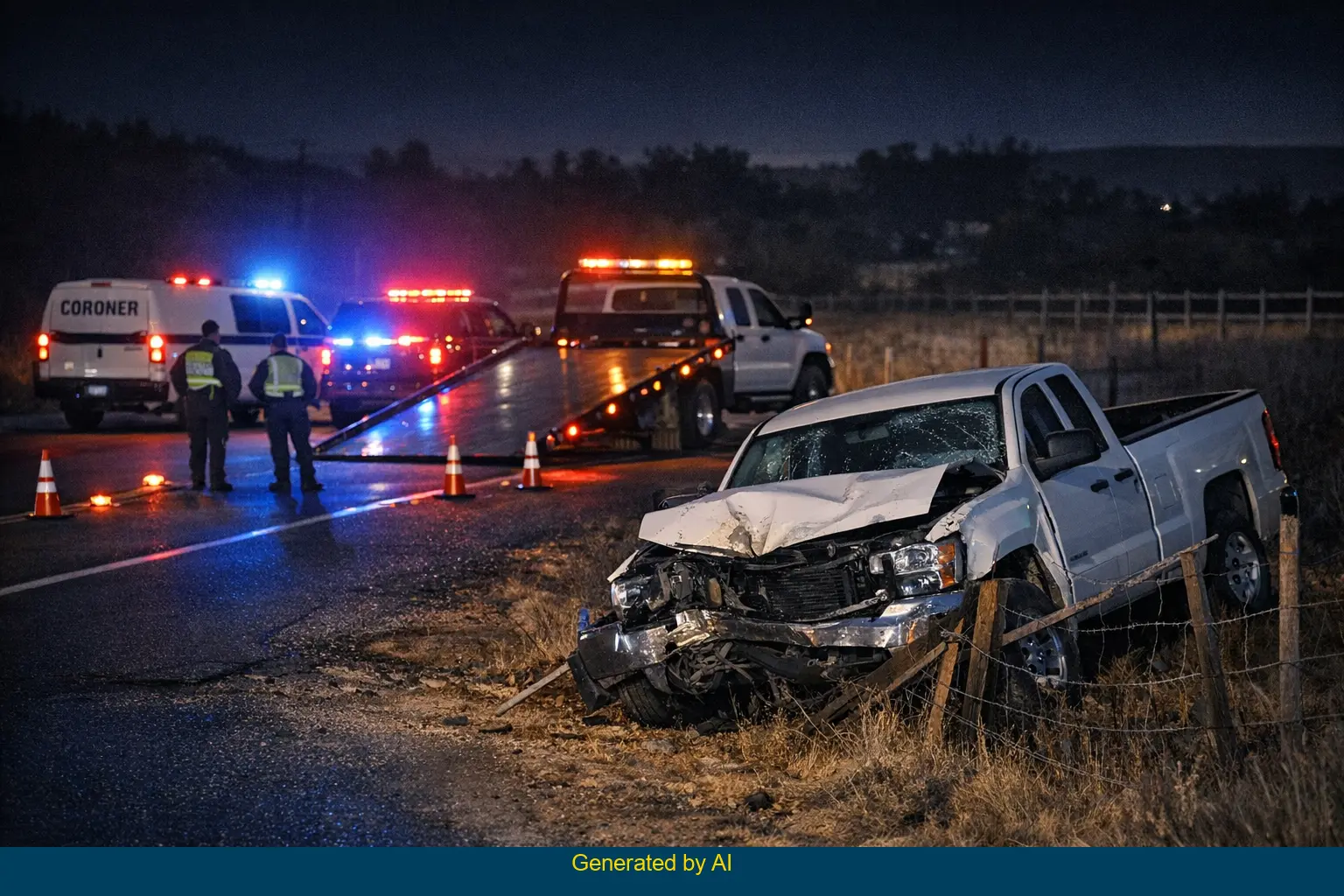 Nighttime scene with emergency vehicles responding to a fatal pickup truck crash into a fence near Chaparral Drive in Riverside County.