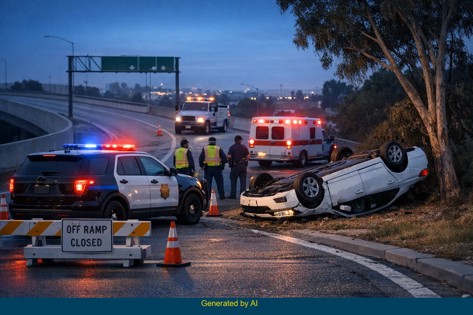 Overturned white sedan and emergency responders at early morning accident scene on I-605 Alondra Boulevard off-ramp