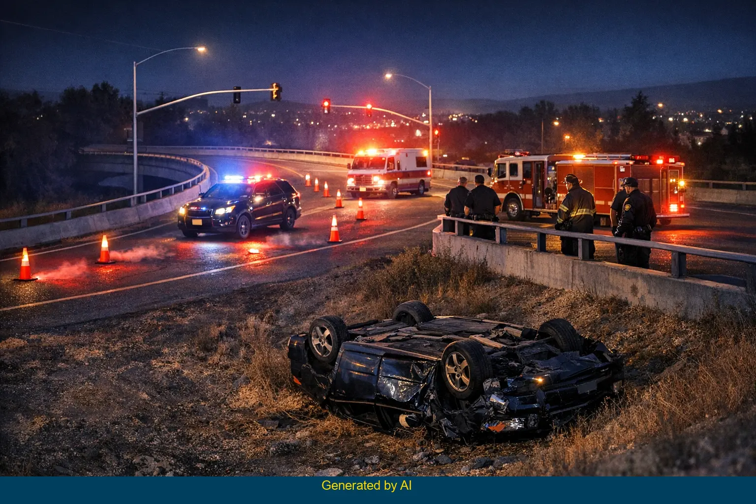 Nighttime emergency response scene after fatal solo car accident on SR-29 northbound off-ramp near 11th Street