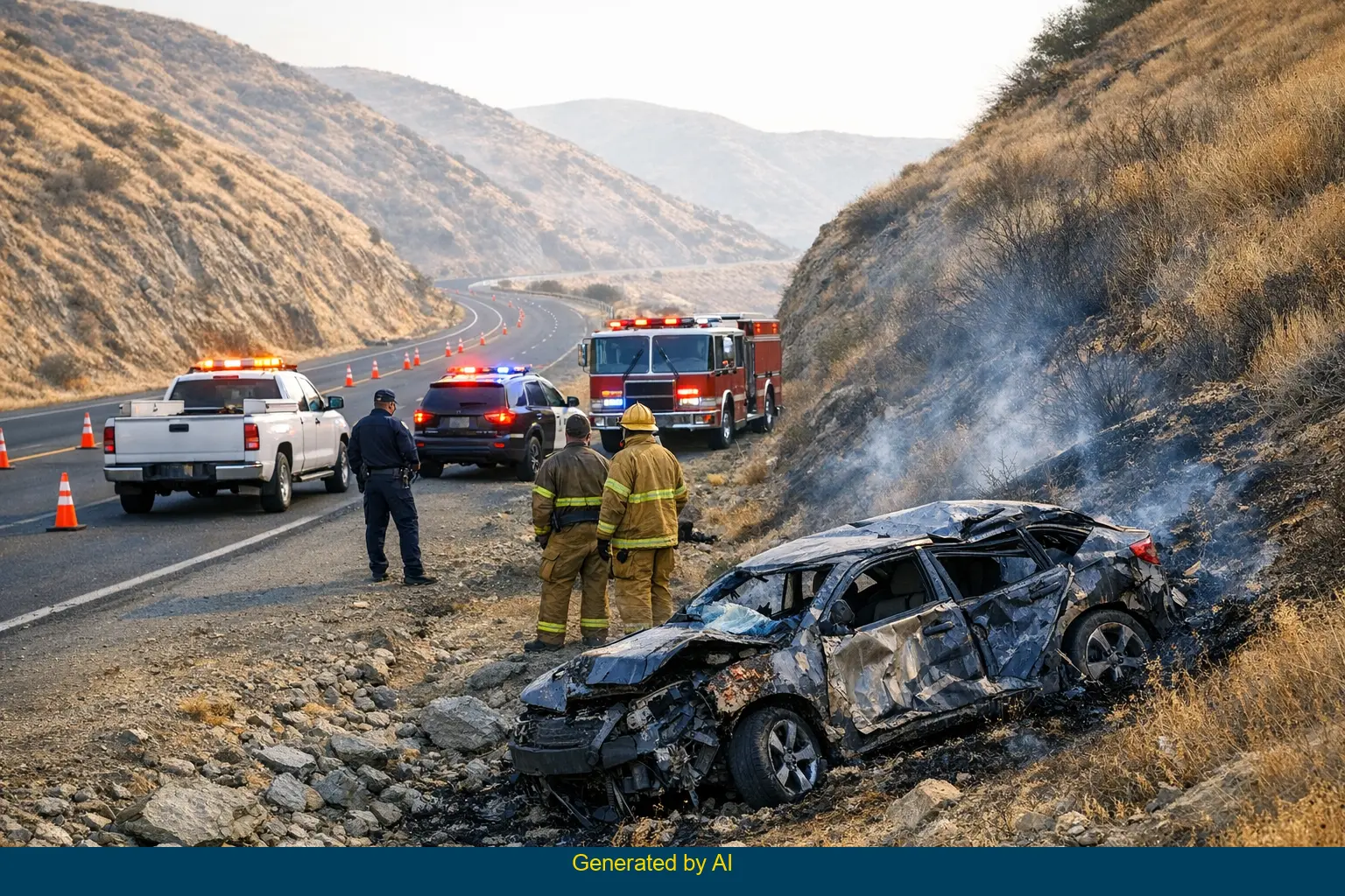 Aftermath of solo car crash off westbound State Route 58 near General Beale Road with responders and smoldering brush on a dry Kern County hillside.