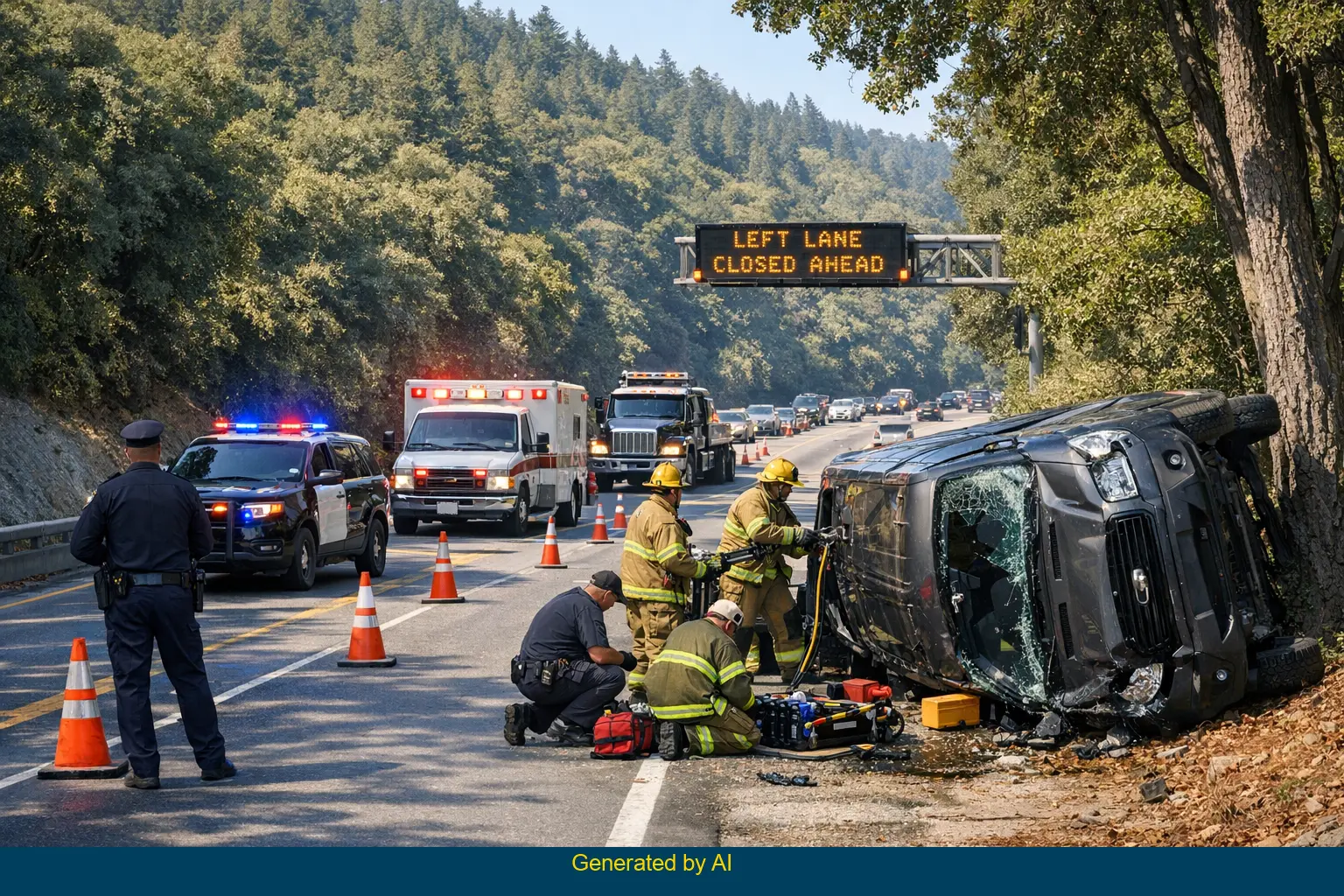 Emergency responders assist at the scene of a van rollover accident on State Route 17 near Vine Hill, with traffic halted and vehicles lining a wooded highway curve.