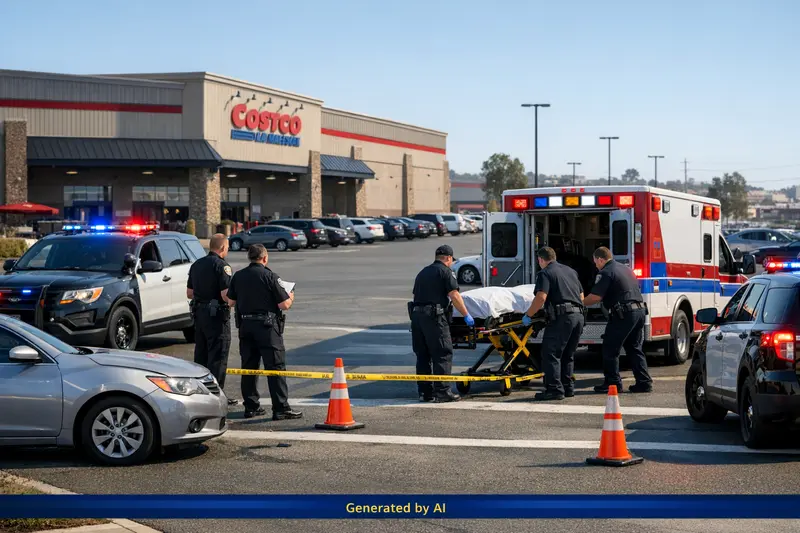 Emergency responders load a stretcher near a car at a La Mesa shopping center driveway after a fatal pedestrian accident