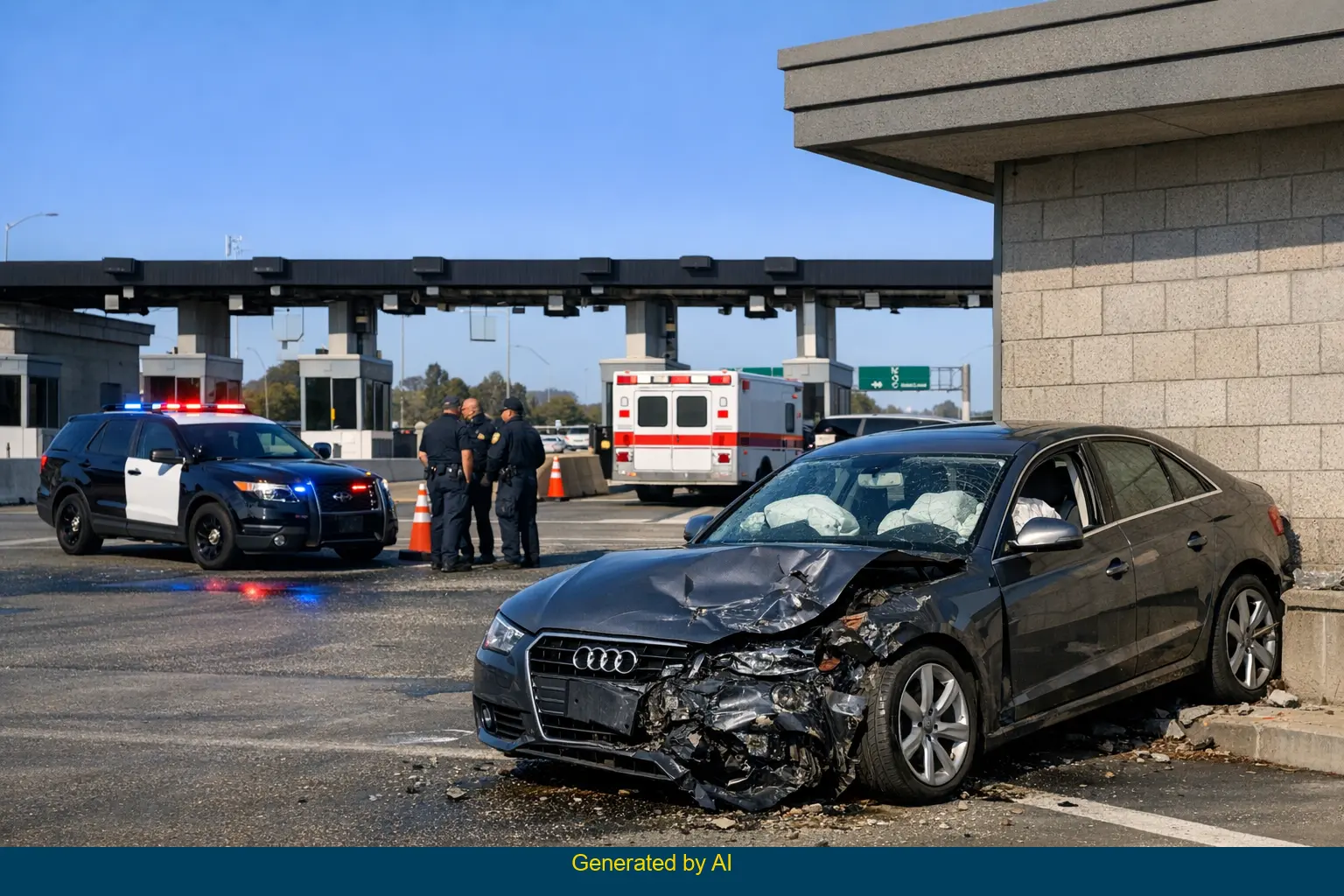 Aftermath of a solo Audi car crash into a toll plaza operations building near a California employee parking lot, with emergency vehicles onsite in daylight.