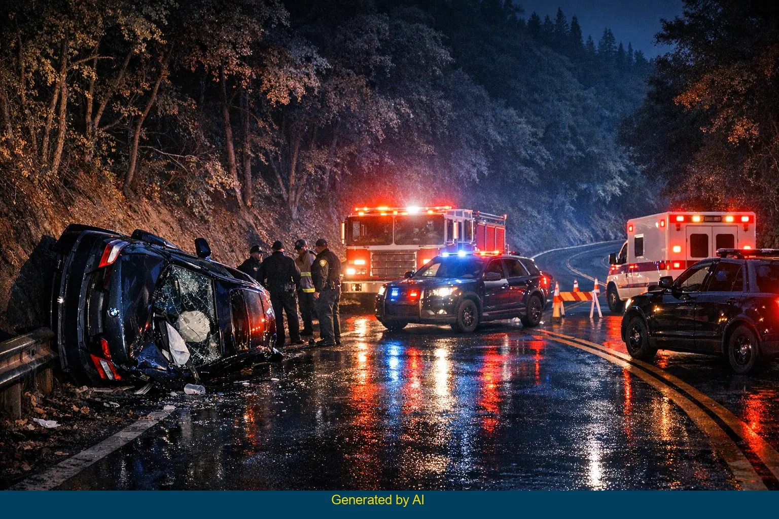 Nighttime scene of emergency responders at a fatal BMW crash on State Route 9 near Redwood Gulch Road, with police and fire vehicles blocking the wet, winding mountain road.