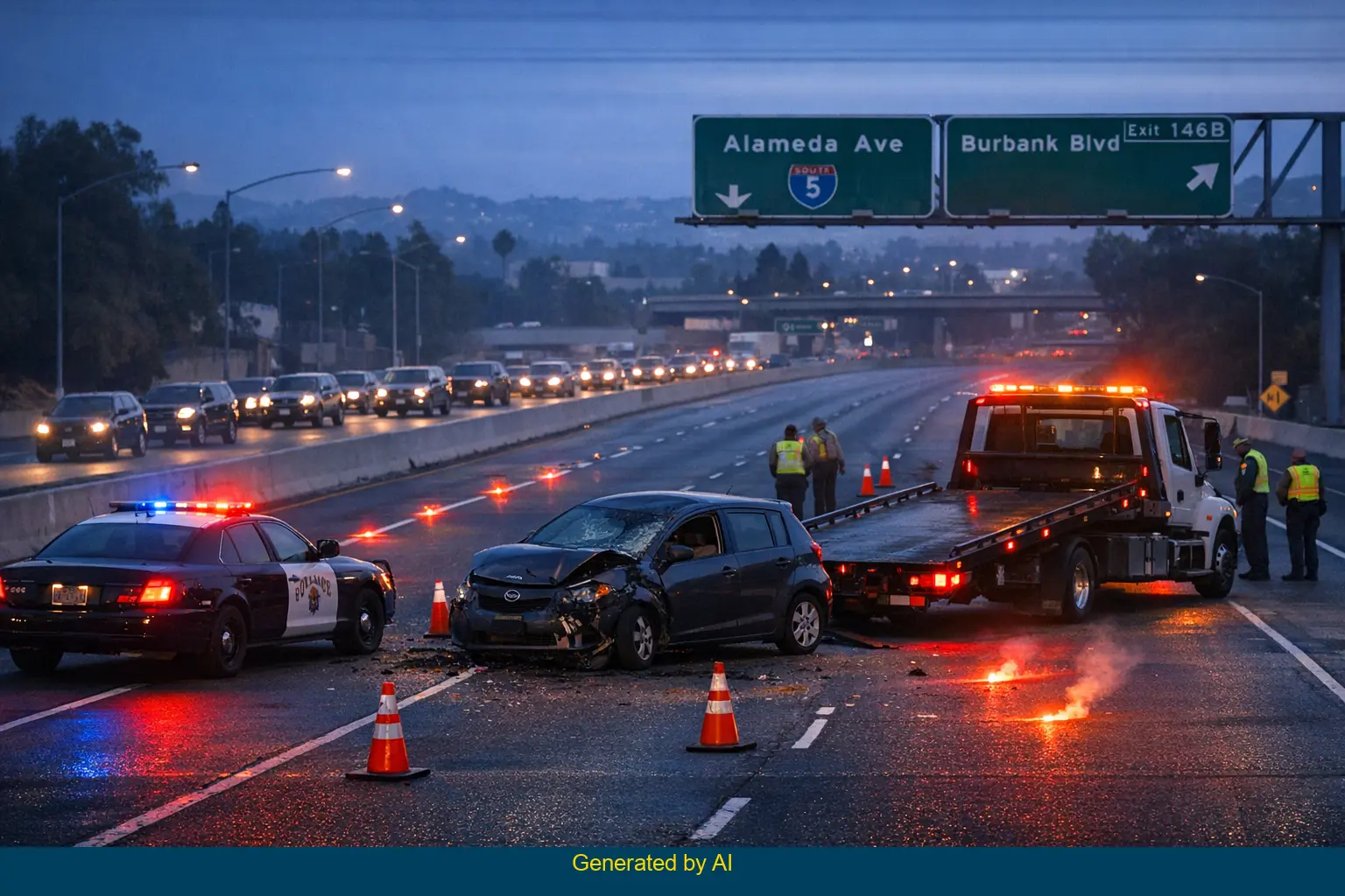 Aftermath of a fatal crash blocking southbound I-5 lanes near Buena Vista Street in Burbank before sunrise