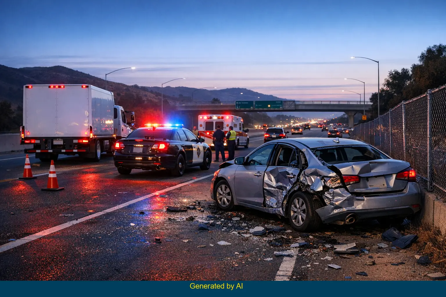 Early morning scene of major I-15 car accident involving a damaged silver sedan, truck, and emergency vehicles near Ranchero Road.