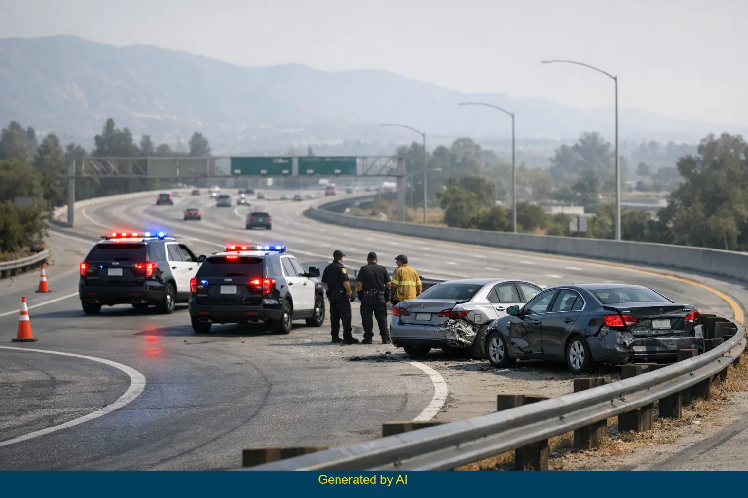 Emergency responders and police vehicles at the scene of a fatal car accident on I-210 westbound Irwindale Avenue on-ramp in Southern California.