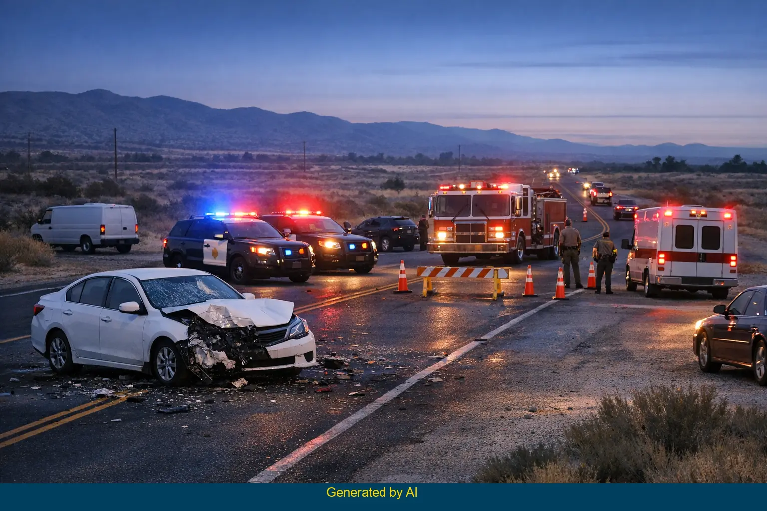 Aftermath of fatal Nissan Sentra crash on State Route 138 near 165th Street East at dawn, with emergency vehicles and road closure
