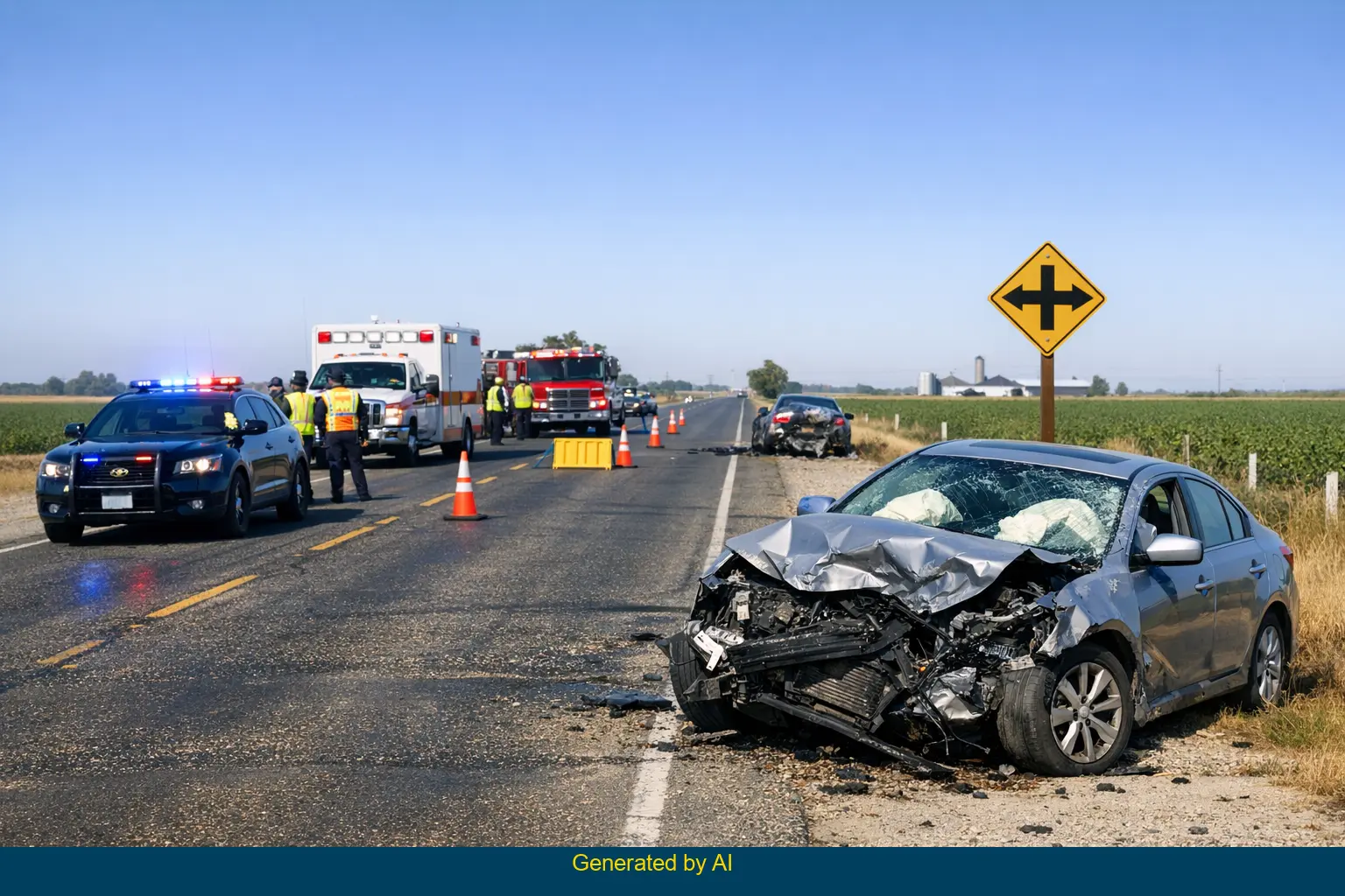 Aftermath of fatal car accident on State Route 43 near Denver Avenue in rural Central California with emergency vehicles and responders present