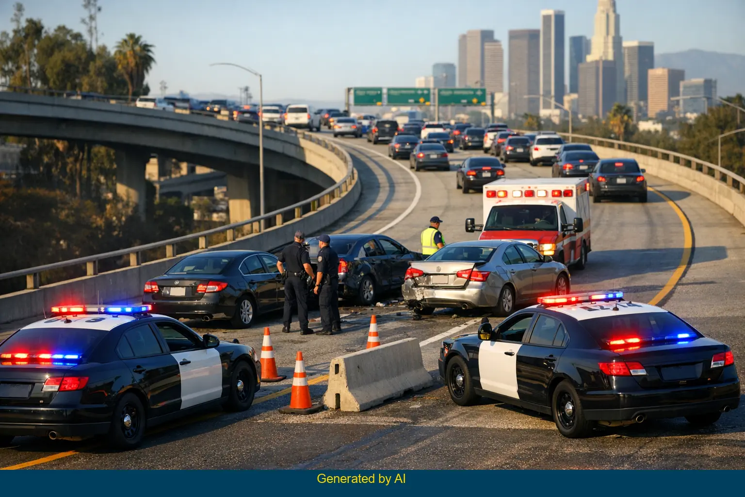 Aftermath of a fatal freeway incident on I-10 east connector to I-110 north in Los Angeles with police and emergency vehicles blocking traffic during a sunny afternoon.