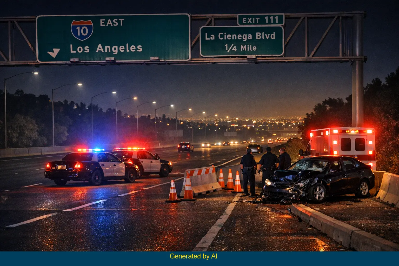Nighttime emergency response to fatal freeway accident on I-10 eastbound near Grand Avenue off-ramp in Los Angeles area