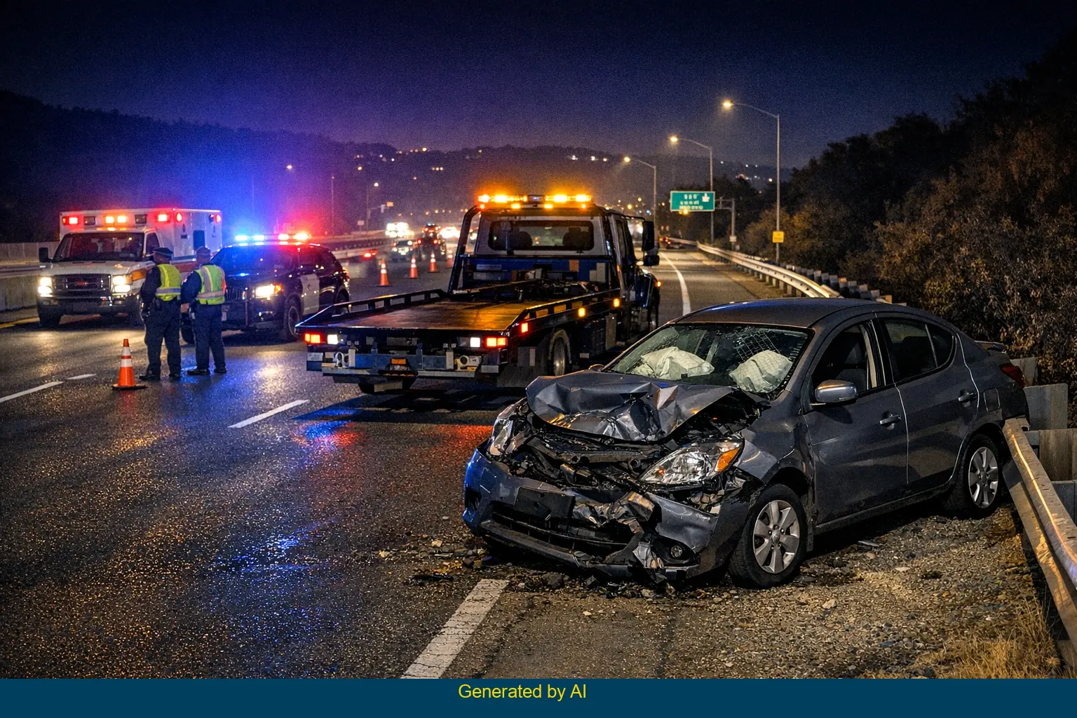 Aftermath of a solo-car fatal accident on I-580 East near San Quentin off-ramp at night, showing damaged sedan, emergency vehicles with flashing lights, and responders on scene.