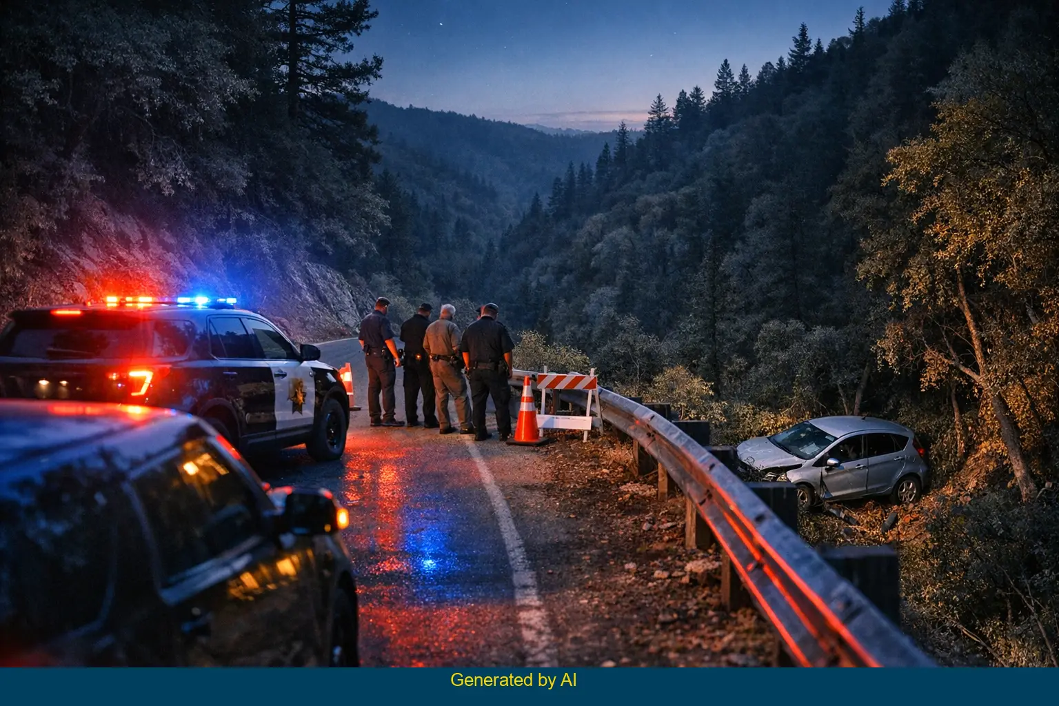 Law enforcement vehicles with flashing lights at night on Mosquito Ridge Road after a solo car accident in Placer County