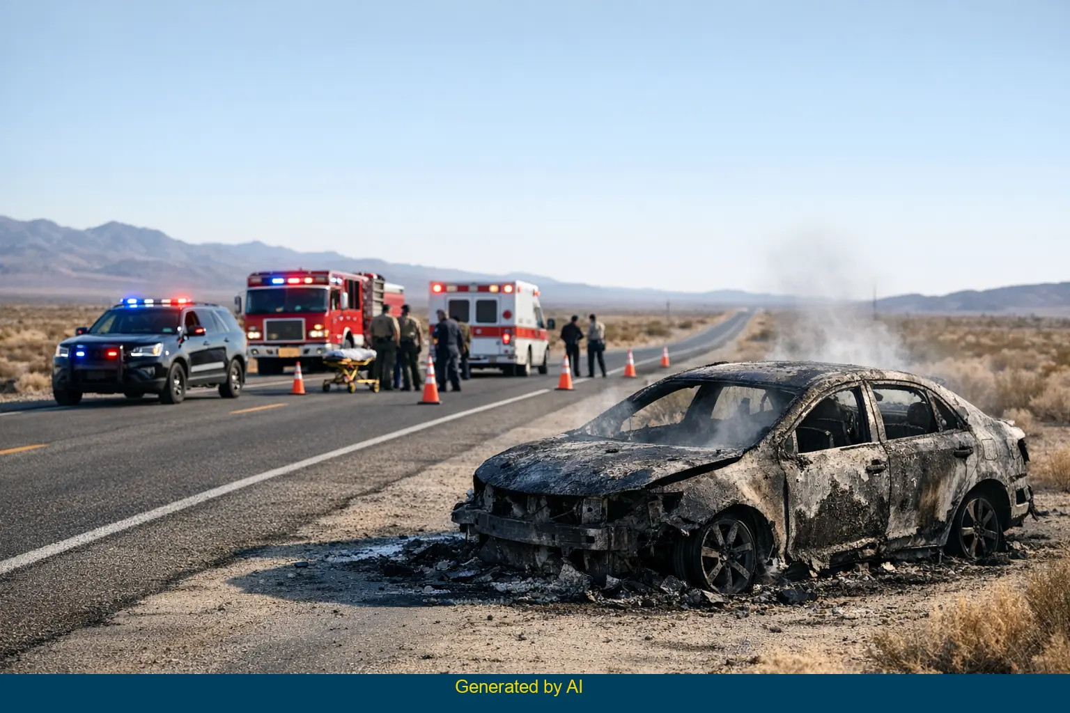 Aftermath of a solo car accident on National Trails Highway near Amboy showing a burned vehicle, emergency responders, and a desert landscape.