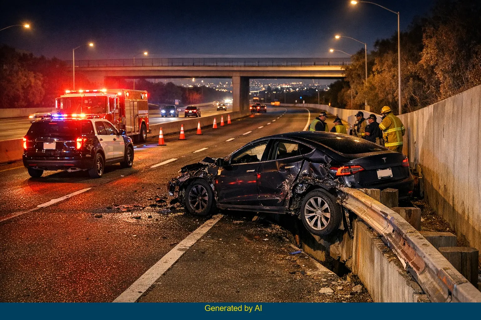 Emergency responders attend scene of nighttime Tesla crash with severe front-end damage on westbound SR-60 near Heacock Street in Moreno Valley.