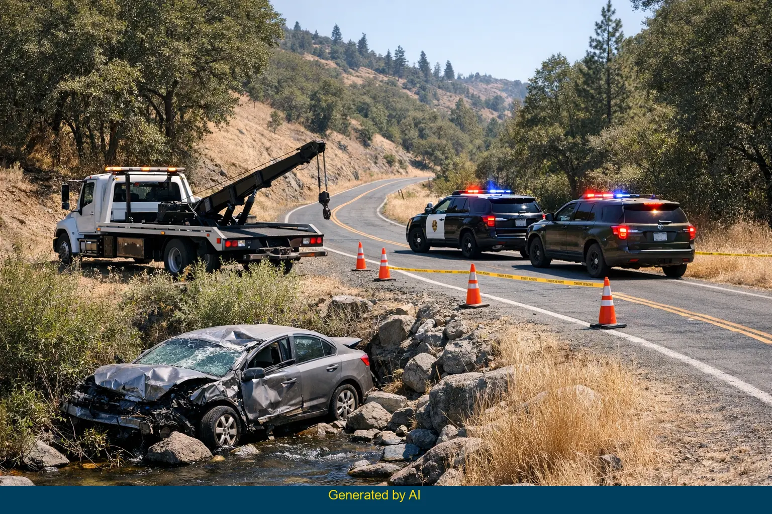 Emergency responders and vehicles at the scene of a fatal single-car accident beside Willow Creek Road in Siskiyou County