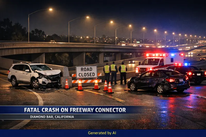 Aftermath of fatal two-vehicle crash at night on the 57–60 Freeway connector in Diamond Bar, with responders on scene.