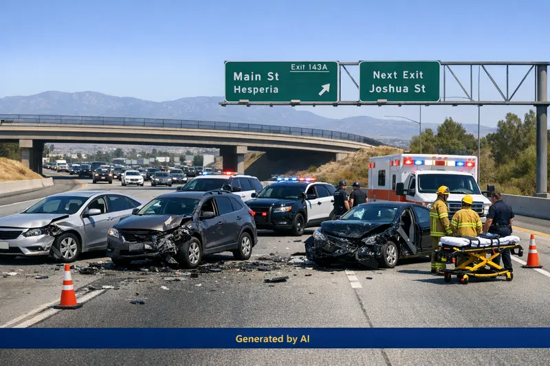 Aftermath of four-car crash with emergency crews on I-15 near Hesperia in clear daylight