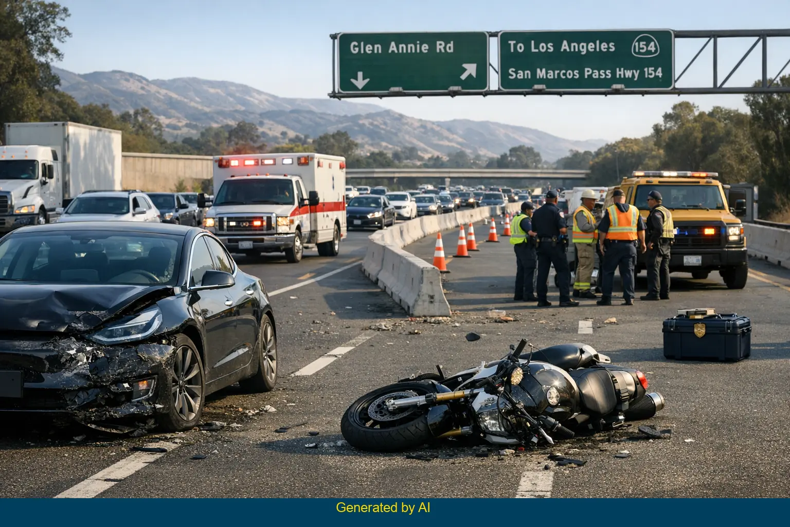 Emergency responders attend the scene of a serious motorcycle and Tesla crash on US 101 near Glen Annie Road, with damaged vehicles and partially blocked traffic lanes.
