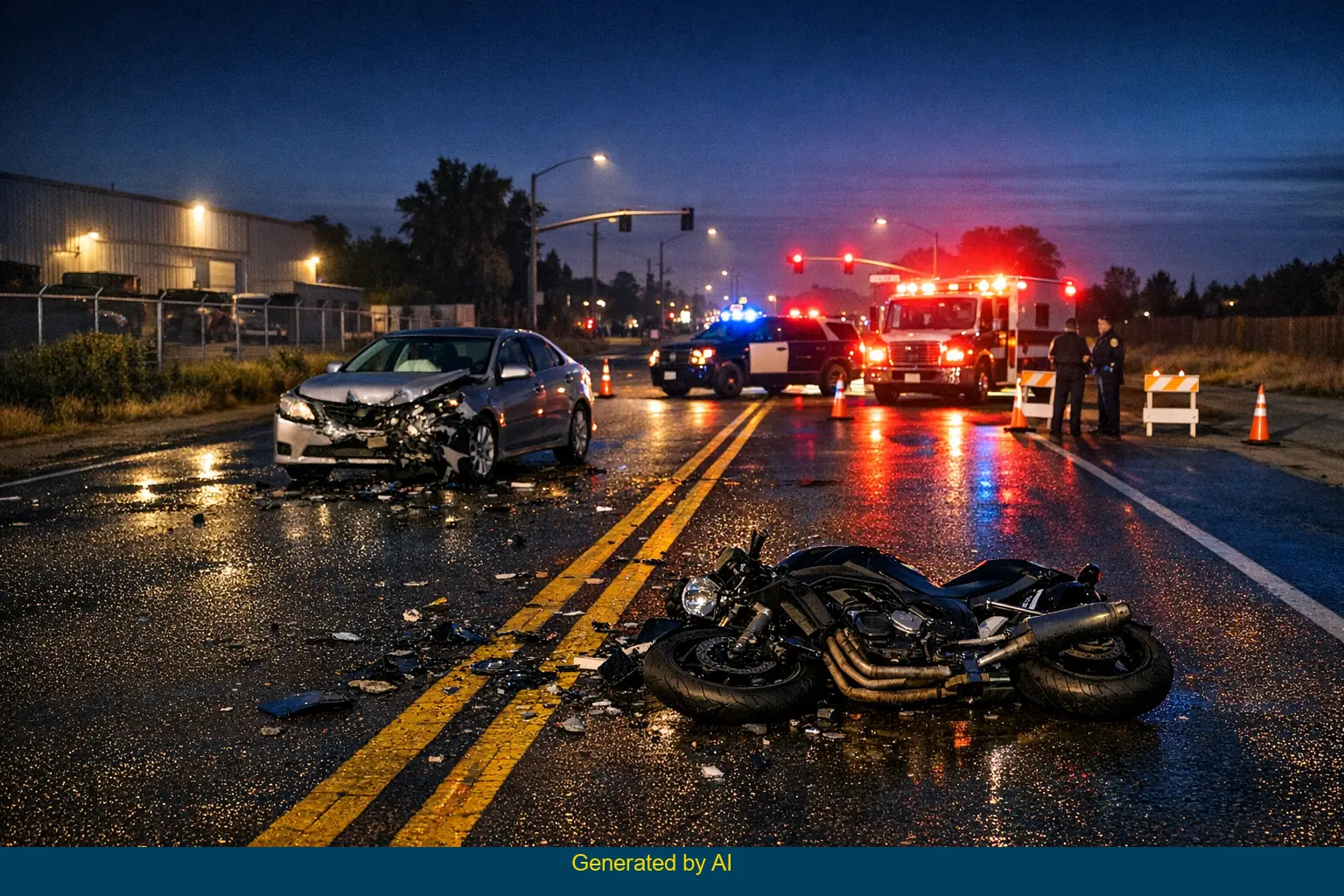 Aftermath of a nighttime motorcycle and vehicle collision blocking East Mariposa Road in Stockton with emergency responders on scene