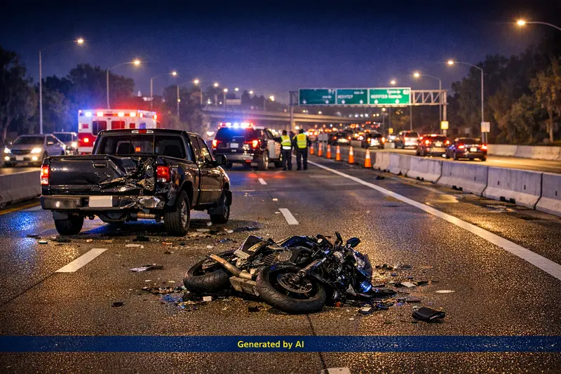 Nighttime scene showing responders assisting after a motorcycle and pickup truck crash on a San Diego freeway