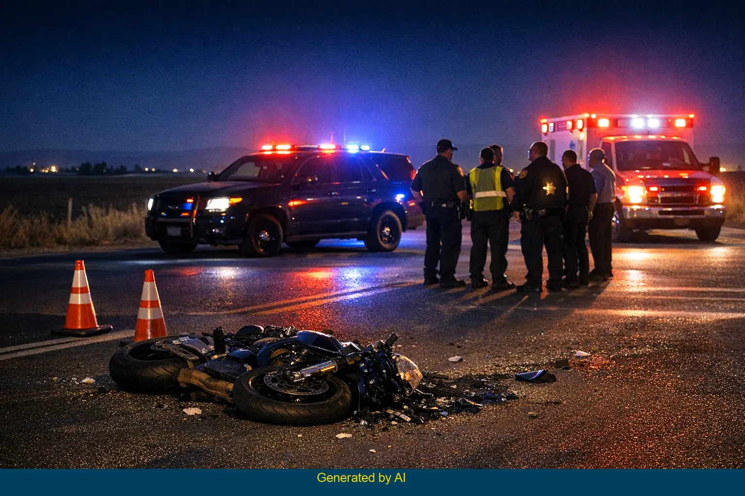Aftermath of nighttime motorcycle collision at rural Kern County intersection with emergency responders and damaged motorcycle