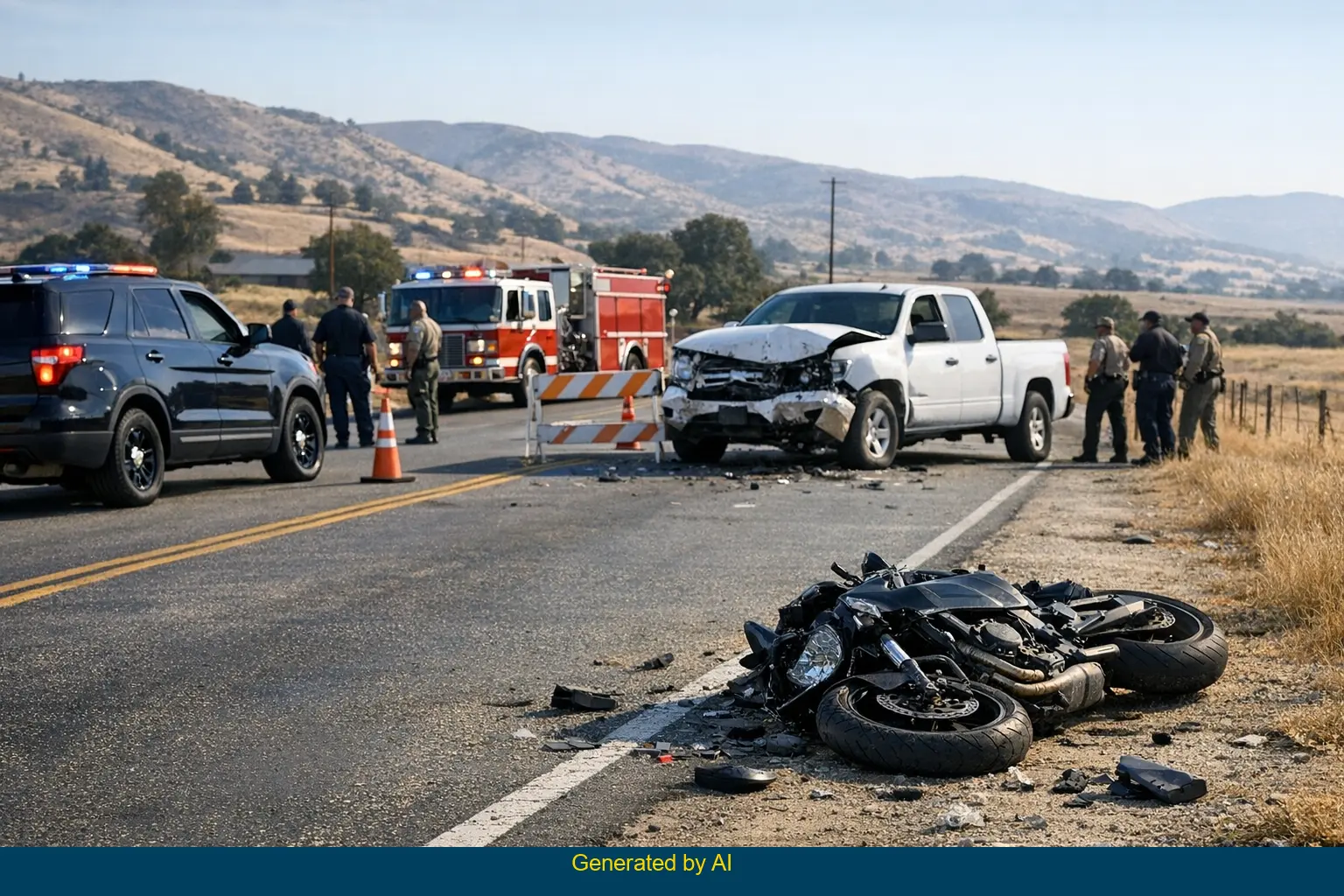 Aftermath of fatal motorcycle and pickup truck collision on rural Brite Valley Road in Kern County with emergency responders and damaged vehicles visible.