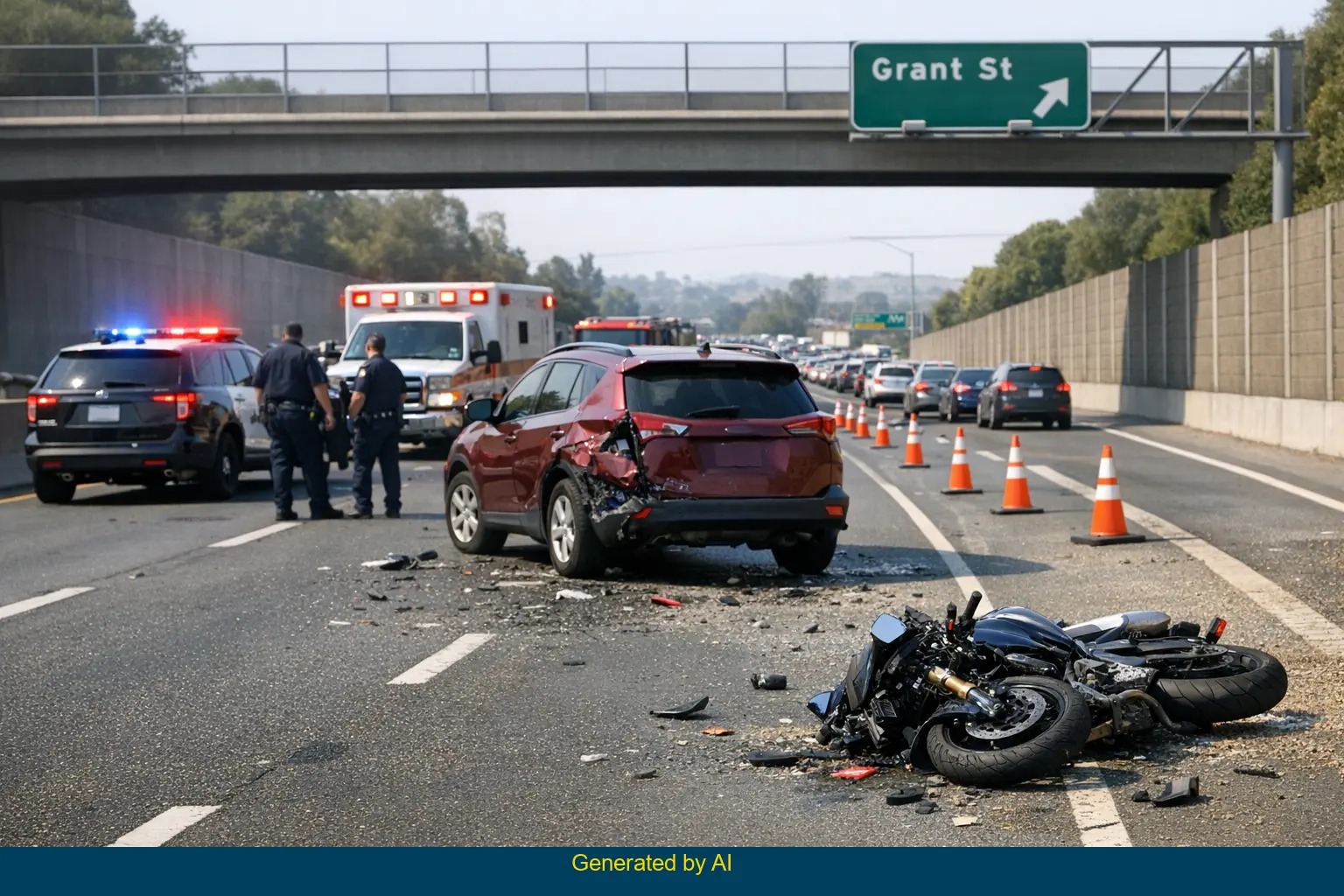 Aftermath of a motorcycle and SUV crash on SR-242 near Grant Street off-ramp in Contra Costa County with emergency responders at the scene