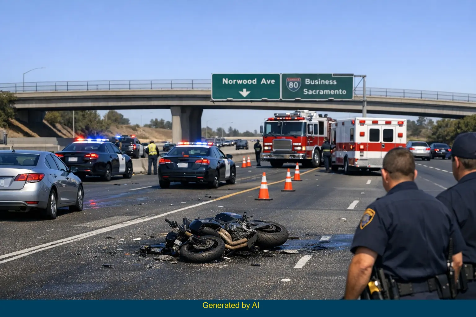 Aftermath of fatal motorcycle crash on I-80 eastbound near Norwood Avenue in Sacramento with emergency responders, damaged vehicles, and blocked freeway lanes