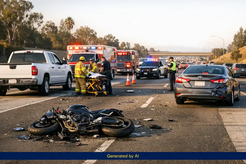 Aftermath of a multi-vehicle motorcycle crash on SR-91 in Anaheim with emergency response vehicles and crews present