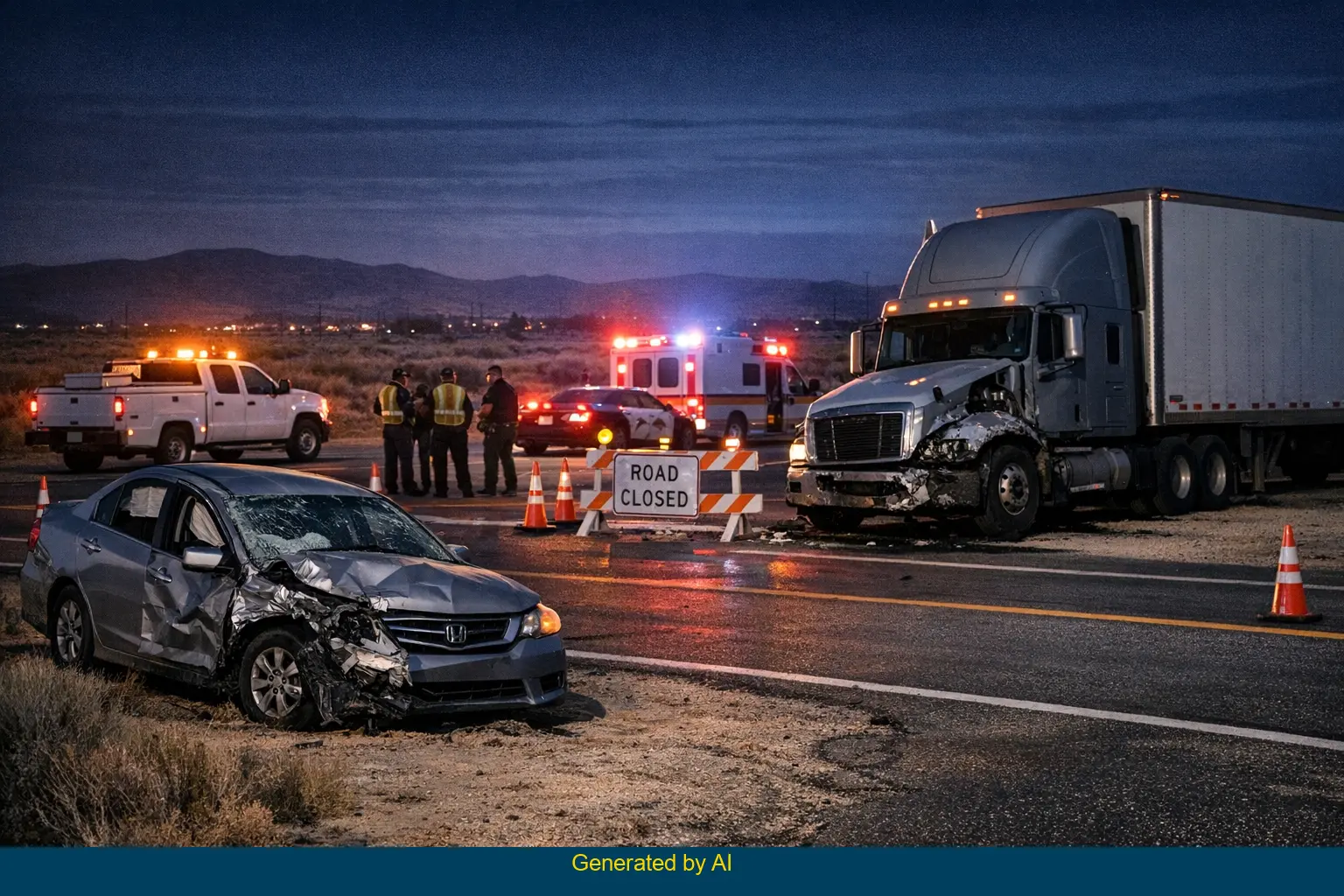 Nighttime emergency response at rural Los Angeles County intersection after fatal big rig and car crash with damaged sedan and semi-truck