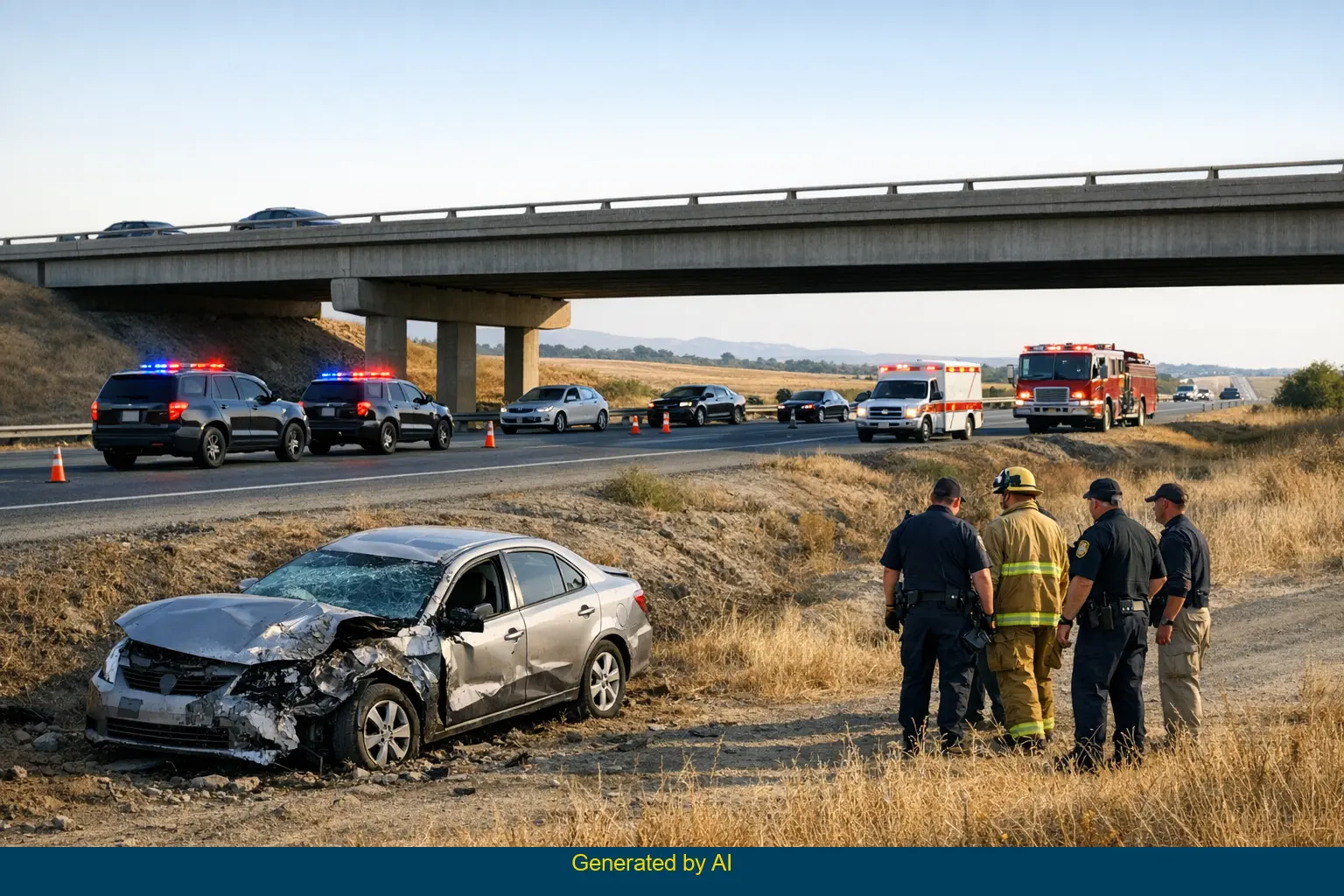 Aftermath of a single-vehicle accident off I-5 near Gale Avenue, showing responders and emergency vehicles by a damaged car below a rural California bridge.