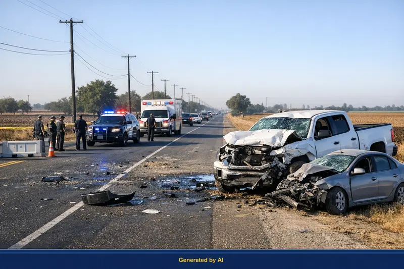 Aftermath of a fatal two-vehicle crash with police and paramedics on Academy Avenue near Dinuba in Selma
