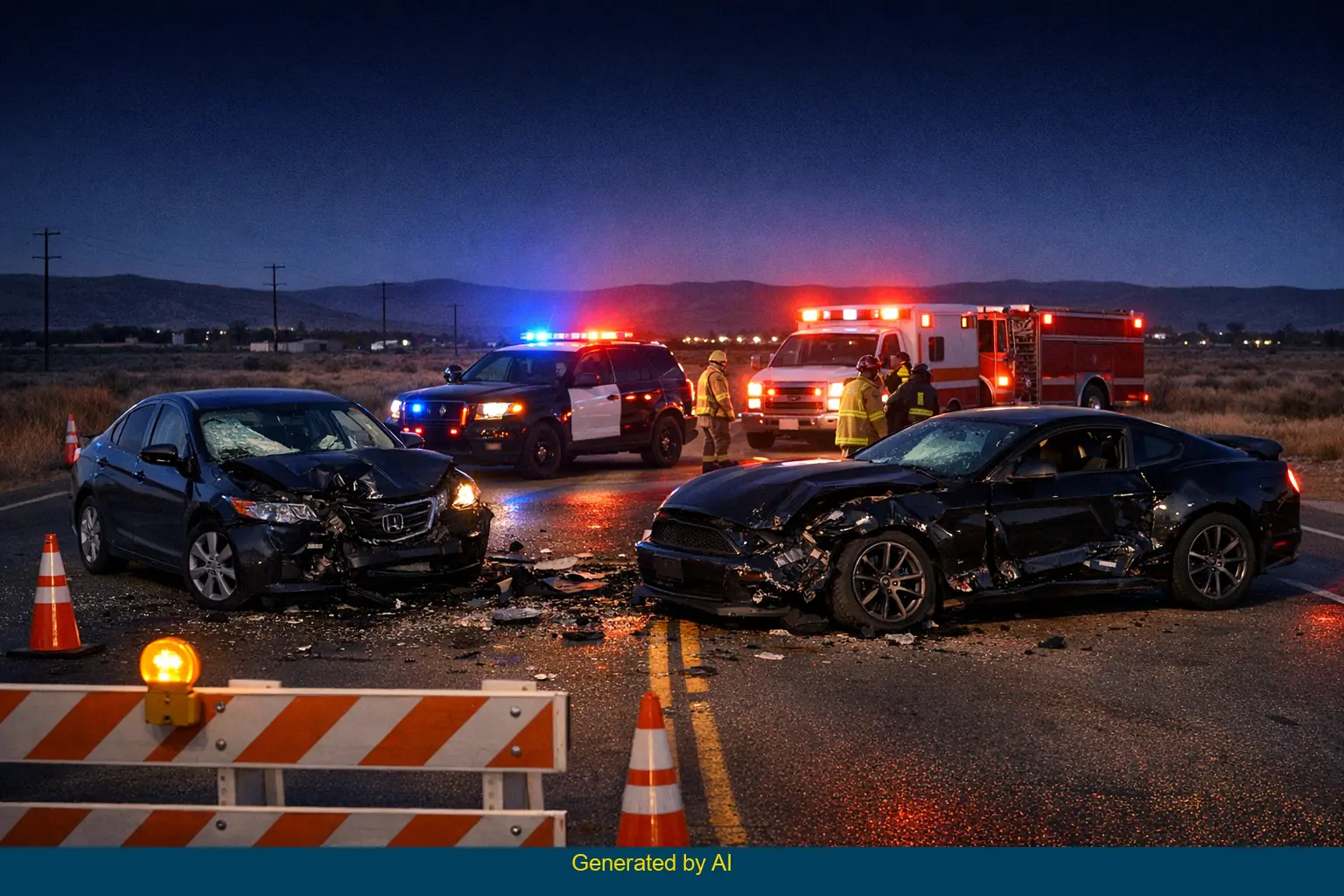 Aftermath of two-vehicle crash on State Route 138 near 80th Street East at night, with damaged Honda and Ford Mustang, emergency responders, and road closure
