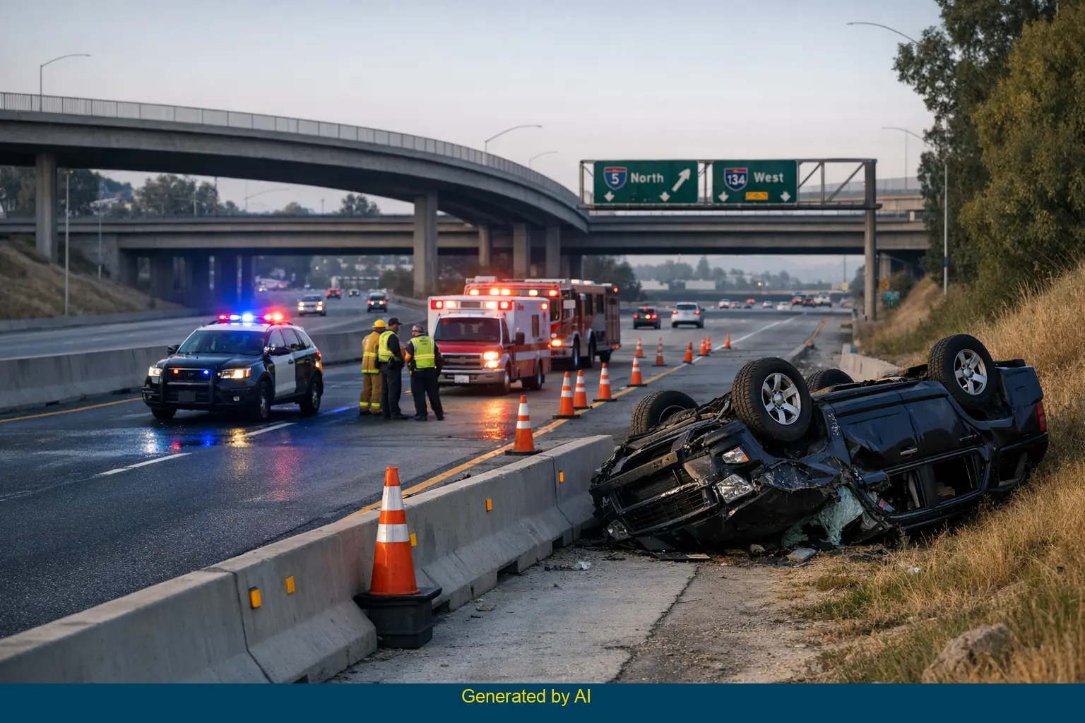 Aftermath of freeway accident with overturned SUV, emergency vehicles, and lane closures on SR-134 near I-5 in Los Angeles