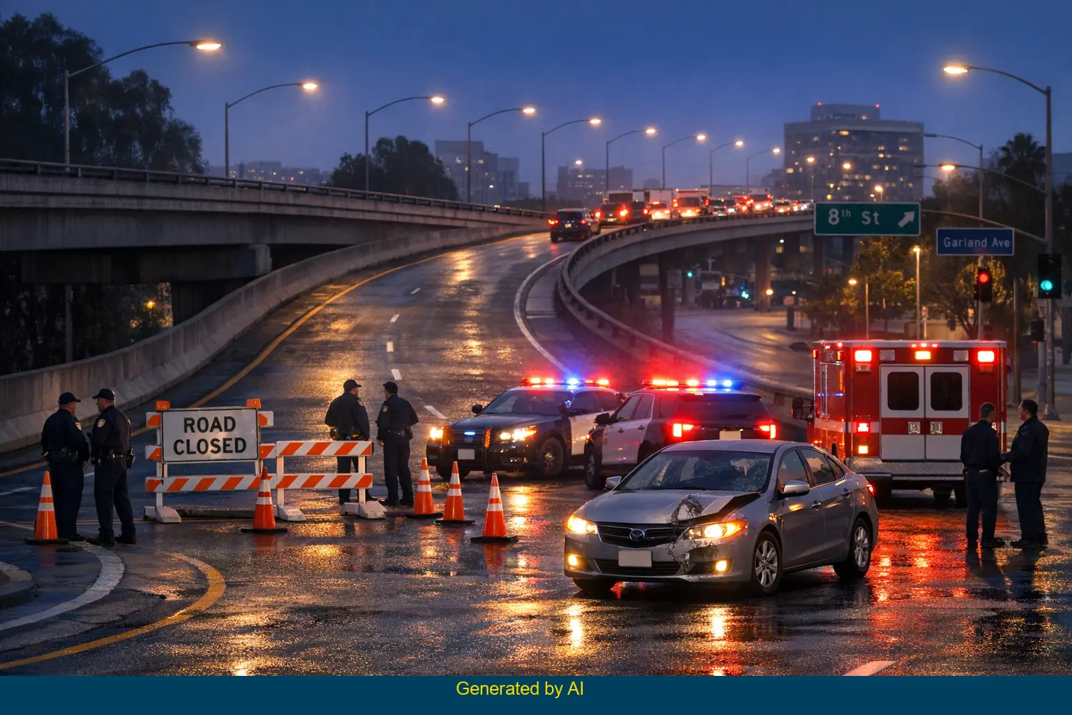 Police and emergency vehicles respond to a fatal pedestrian accident near I-110 off-ramp at 8th Street in downtown Los Angeles before dawn.