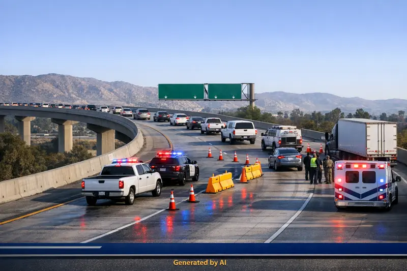 Emergency vehicles and traffic backed up after a fatal pedestrian crash on the I-215 to SR-91 connector in Riverside