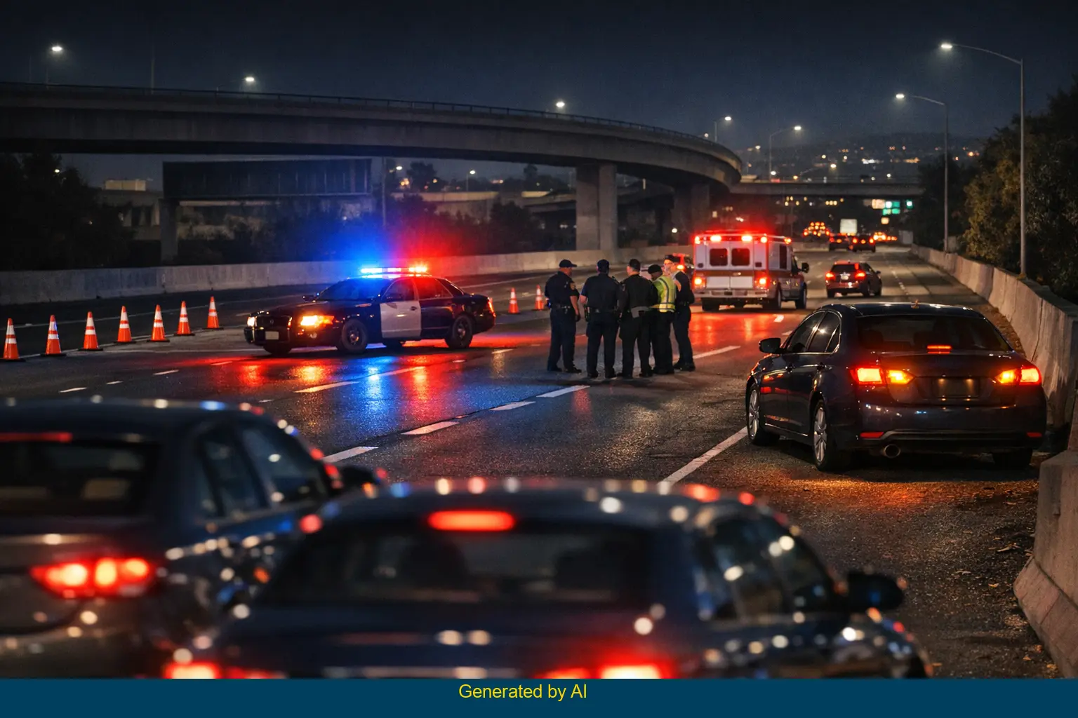Nighttime scene on northbound I-880 near Davis Street in Oakland with emergency vehicles, blocked lanes, and responders at accident site.