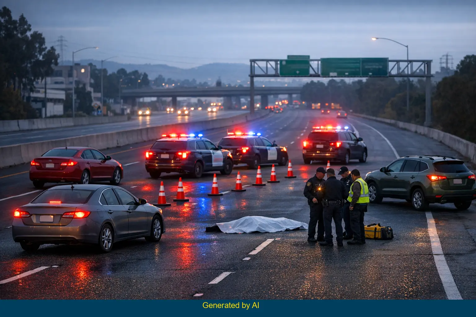 Police and emergency vehicles block lanes after a fatal pedestrian accident on northbound US 101 near Whipple Avenue at dawn