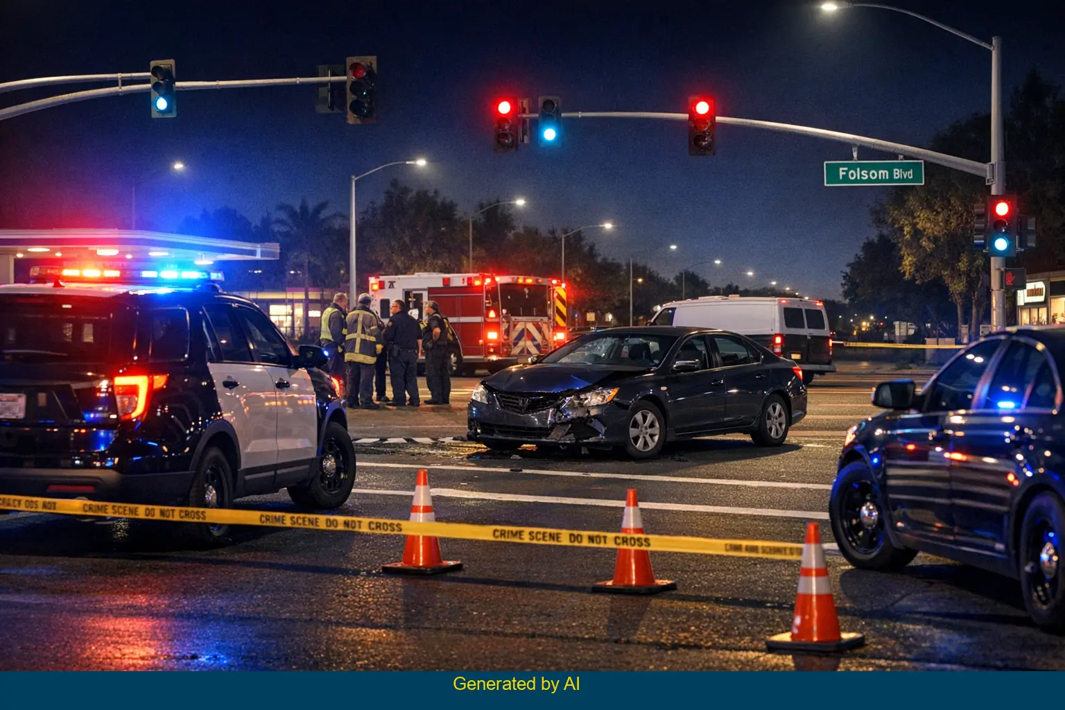 Police and emergency vehicles respond to a nighttime pedestrian collision at Folsom Boulevard and Bradshaw Road in Sacramento.