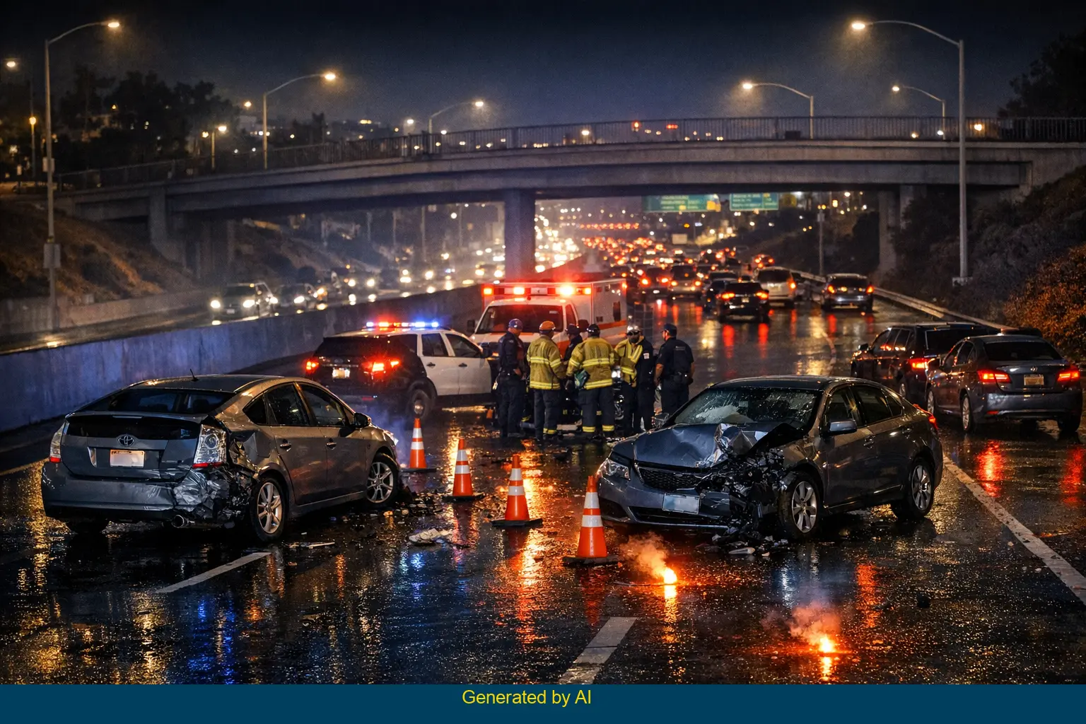 Aftermath of multi-vehicle accident on northbound I-5 near Glendale Boulevard in Los Angeles at night with police, ambulance, damaged cars, and lane closures