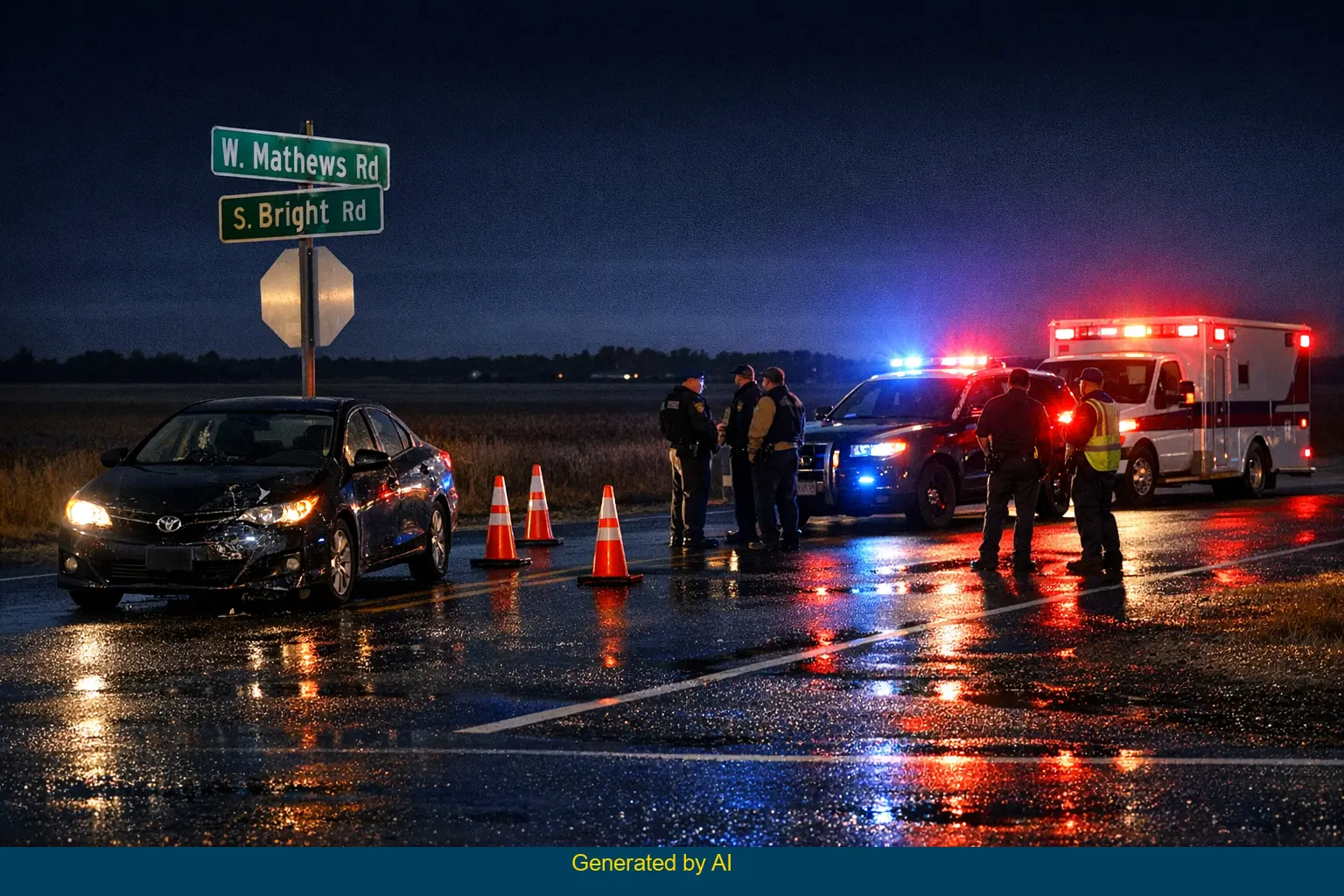 Aftermath of nighttime vehicle-versus-pedestrian collision at a rural intersection near West Mathews Road and South Bright Road